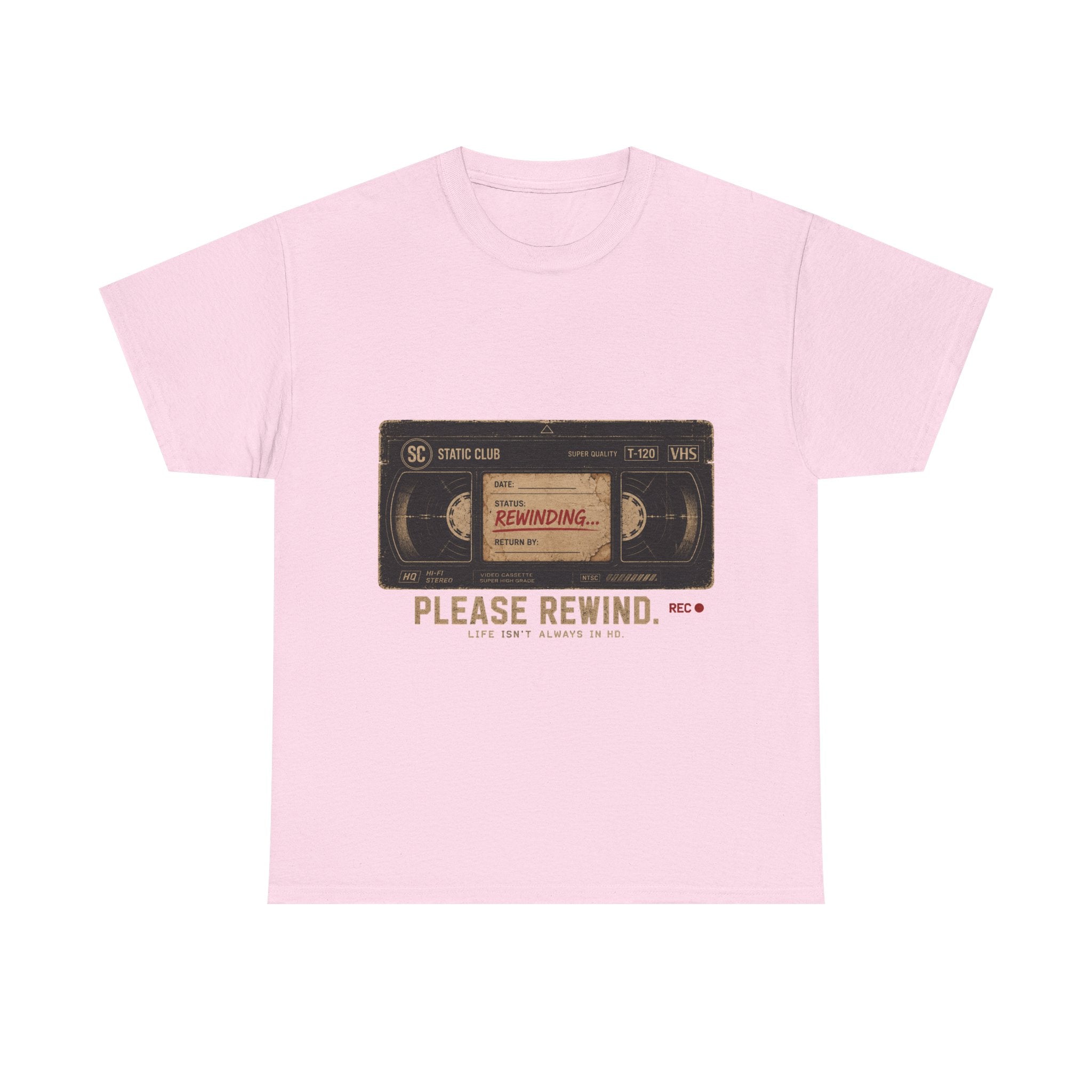 Static Club "Please Rewind" VHS T-Shirt | Retro Vintage Movie Graphic Tee