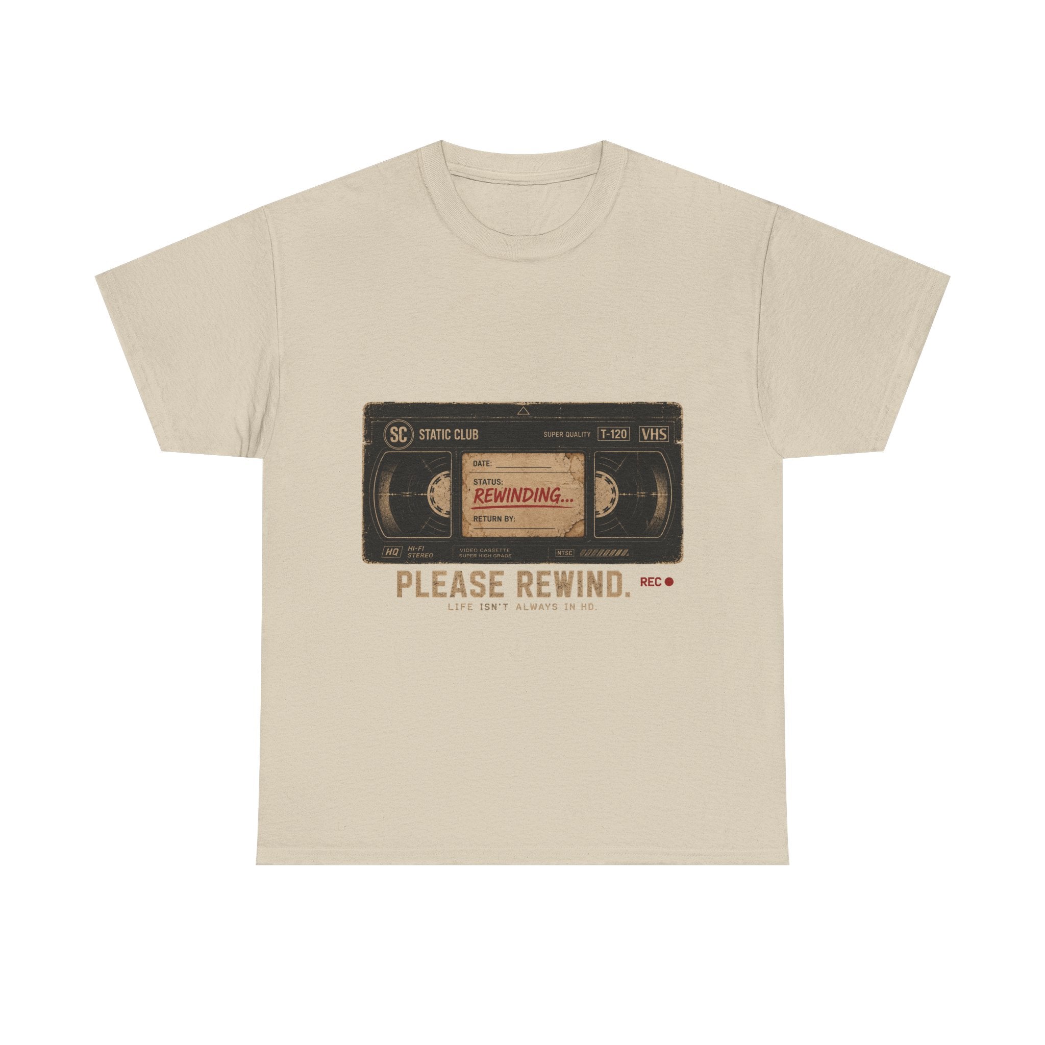 Static Club "Please Rewind" VHS T-Shirt | Retro Vintage Movie Graphic Tee