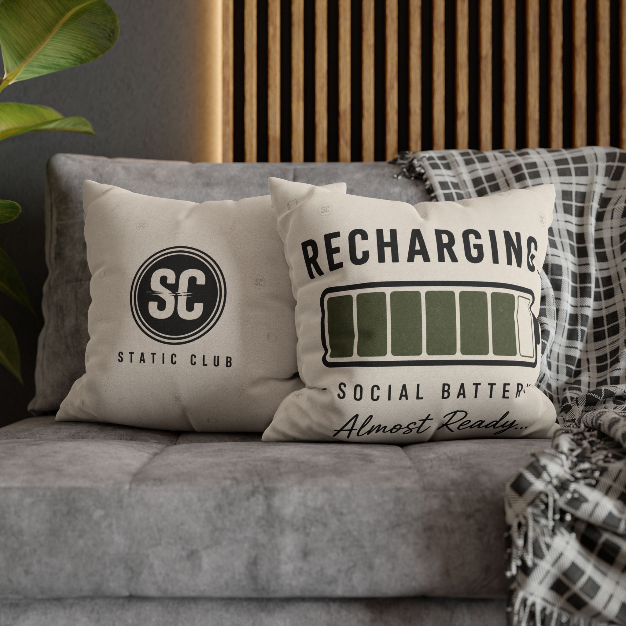 Recharging Social Battery Decorative Pillow Cover | Introvert Throw Cushion | Minimalist Neutral Home Décor | STATIC CLUB