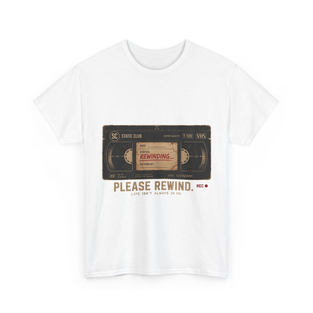 Static Club "Please Rewind" VHS T-Shirt | Retro Vintage Movie Graphic Tee