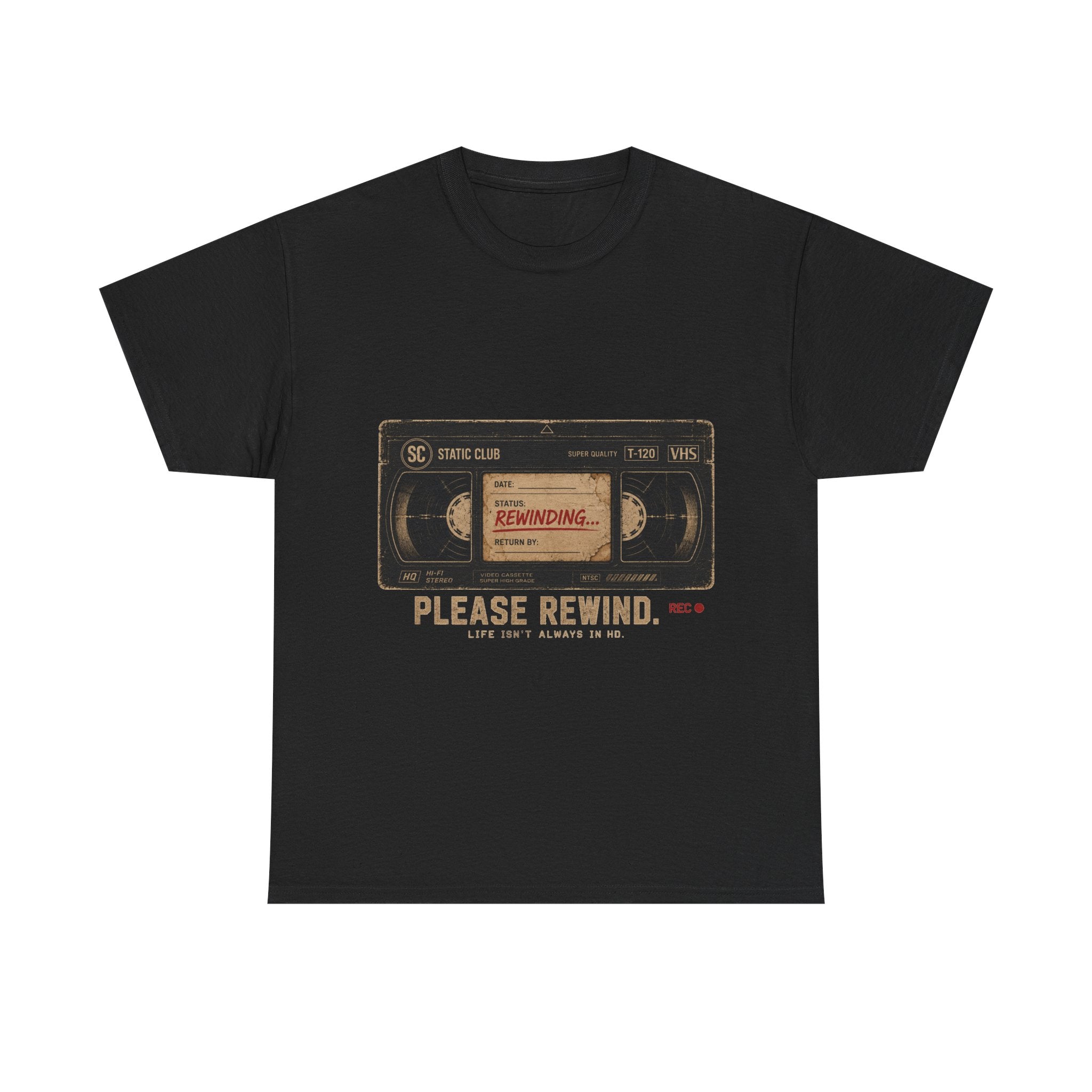 Static Club "Please Rewind" VHS T-Shirt | Retro Vintage Movie Graphic Tee