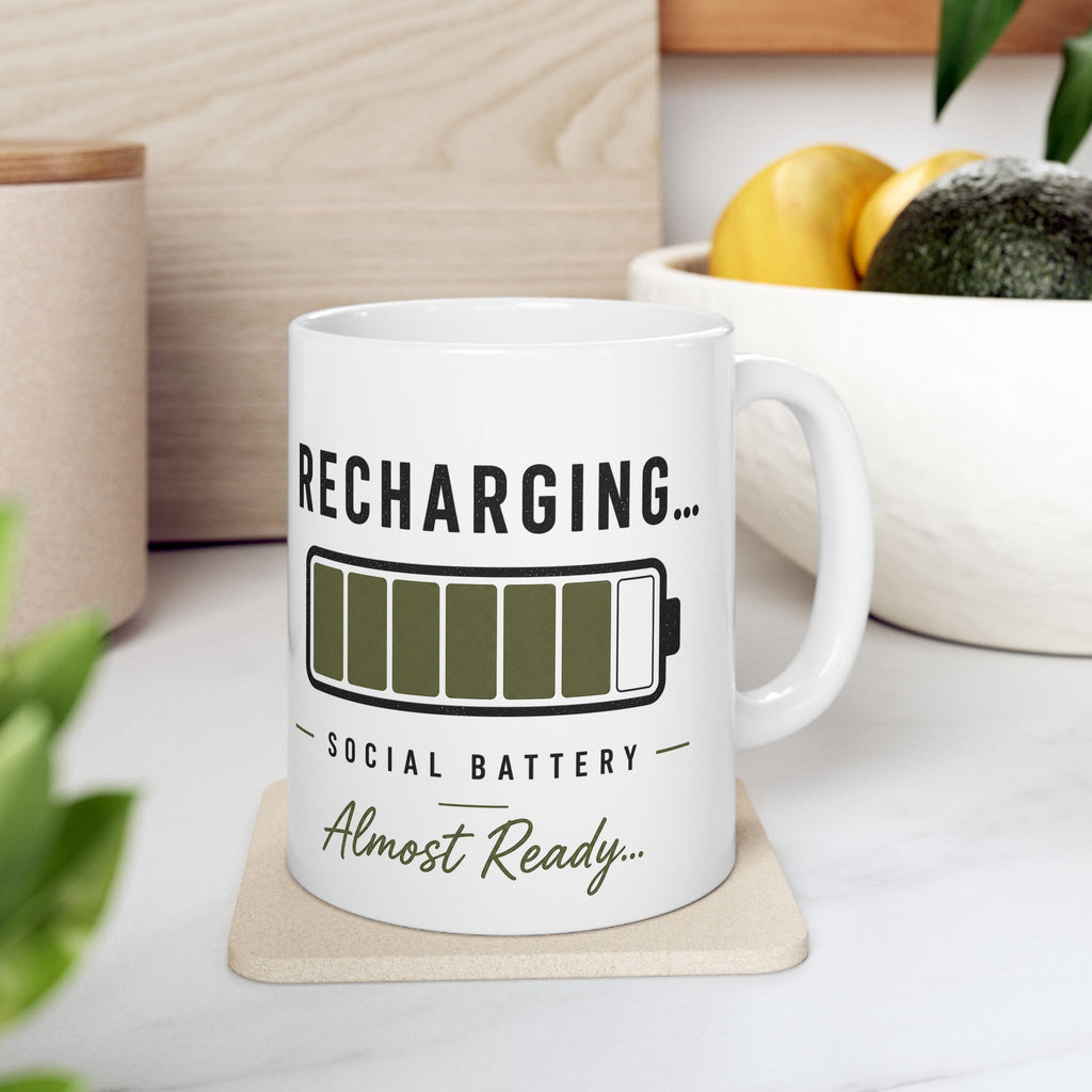 Recharge Social Battery Ceramic Mug | Minimalist Coffee Mug | Introvert Gift | STATIC CLUB