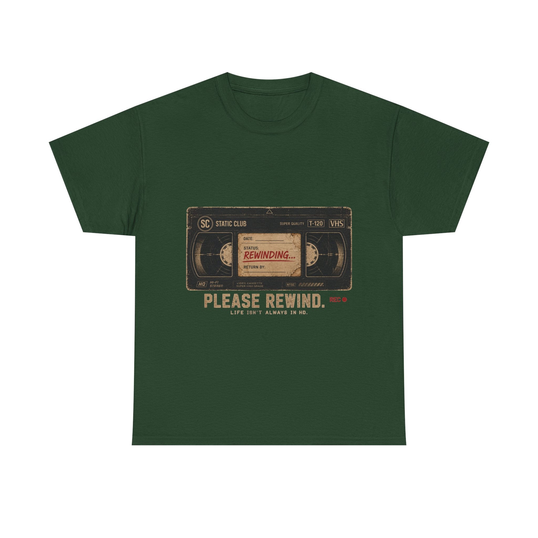 Static Club "Please Rewind" VHS T-Shirt | Retro Vintage Movie Graphic Tee