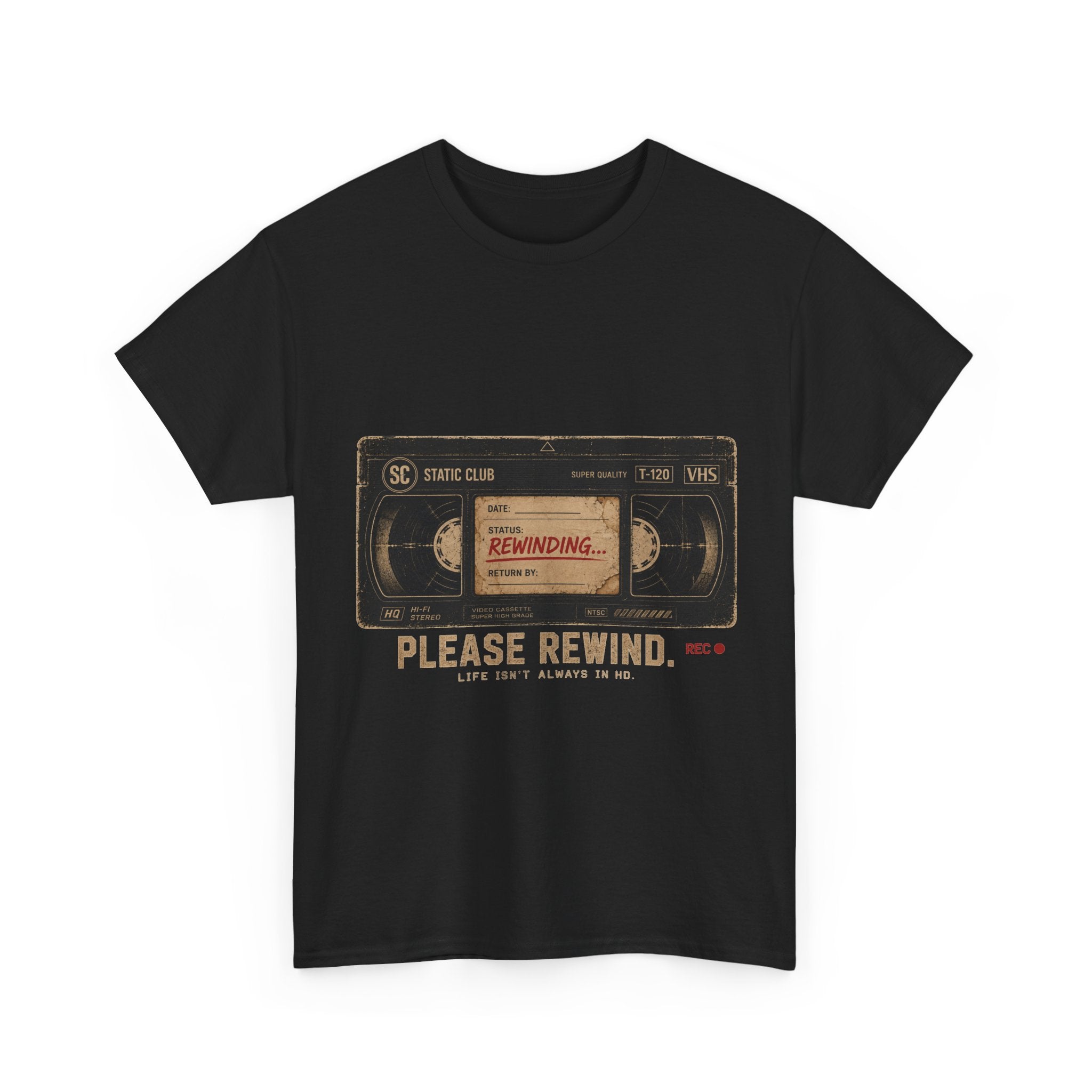 Static Club "Please Rewind" VHS T-Shirt | Retro Vintage Movie Graphic Tee