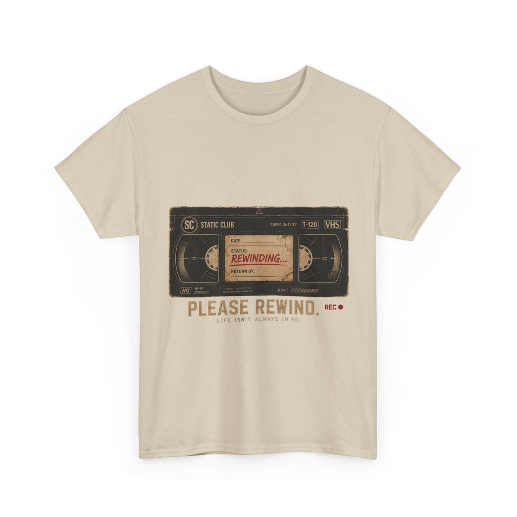 Static Club "Please Rewind" VHS T-Shirt | Retro Vintage Movie Graphic Tee