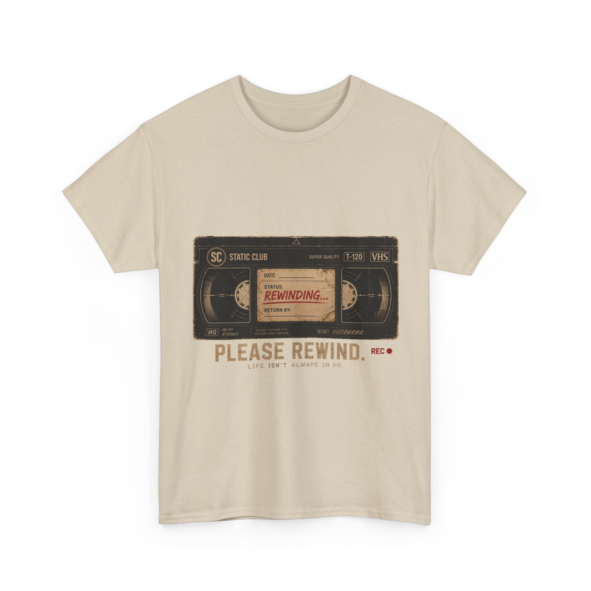 Static Club "Please Rewind" VHS T-Shirt | Retro Vintage Movie Graphic Tee