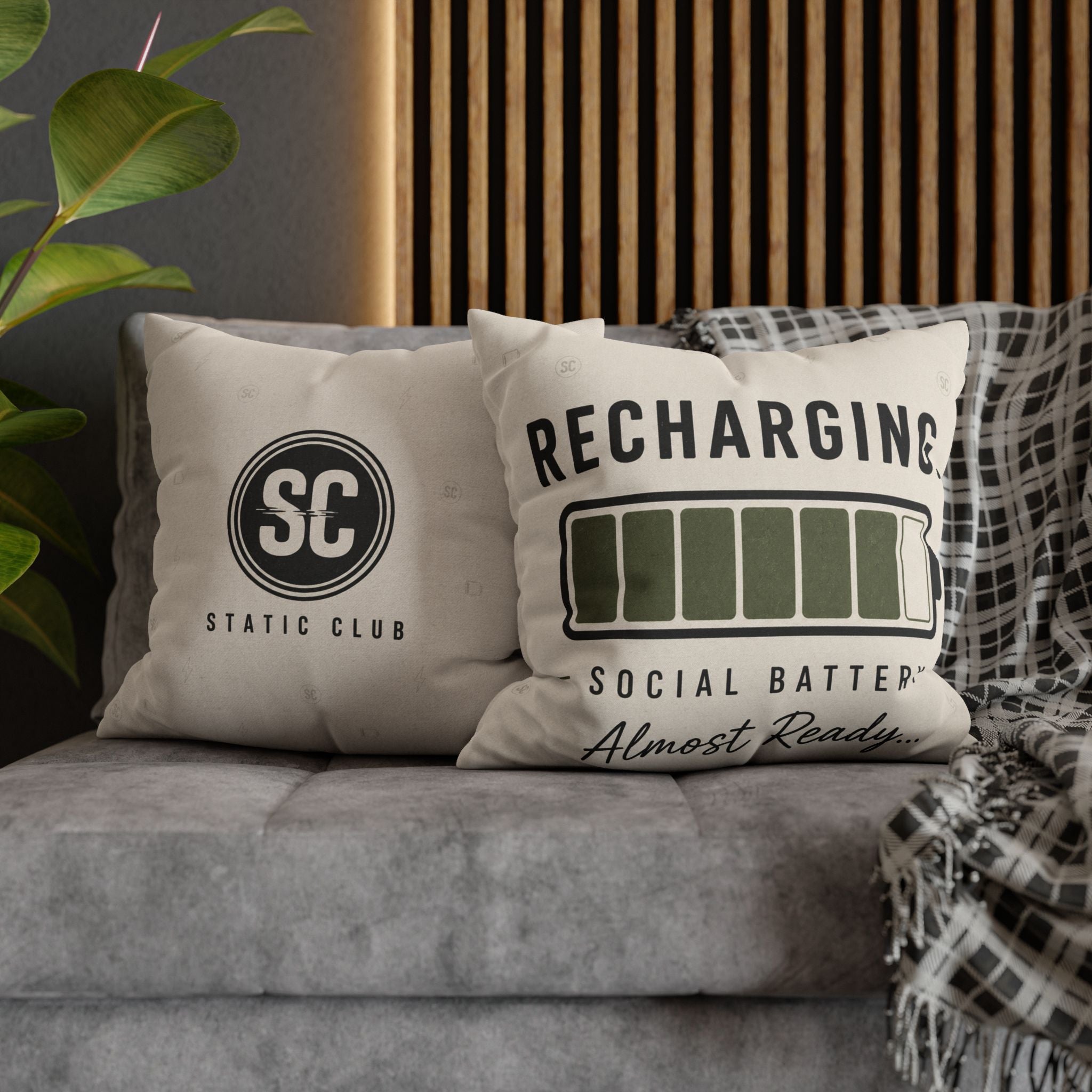 Recharging Social Battery Decorative Pillow Cover | Introvert Throw Cushion | Minimalist Neutral Home Décor | STATIC CLUB