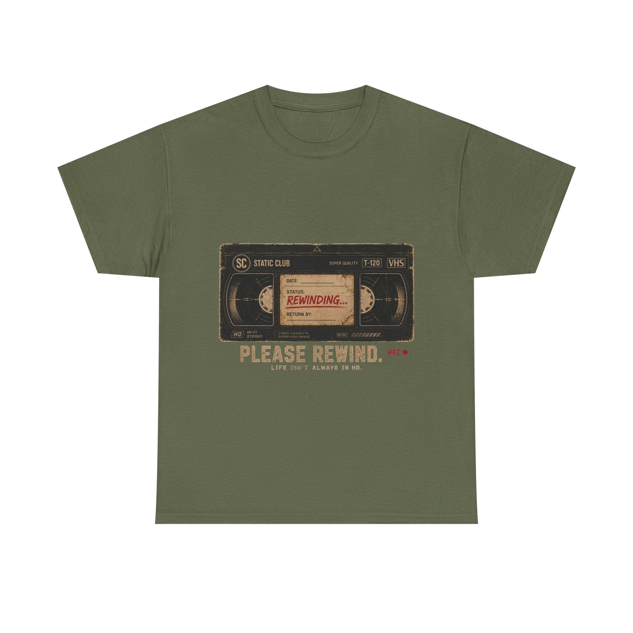 Static Club "Please Rewind" VHS T-Shirt | Retro Vintage Movie Graphic Tee