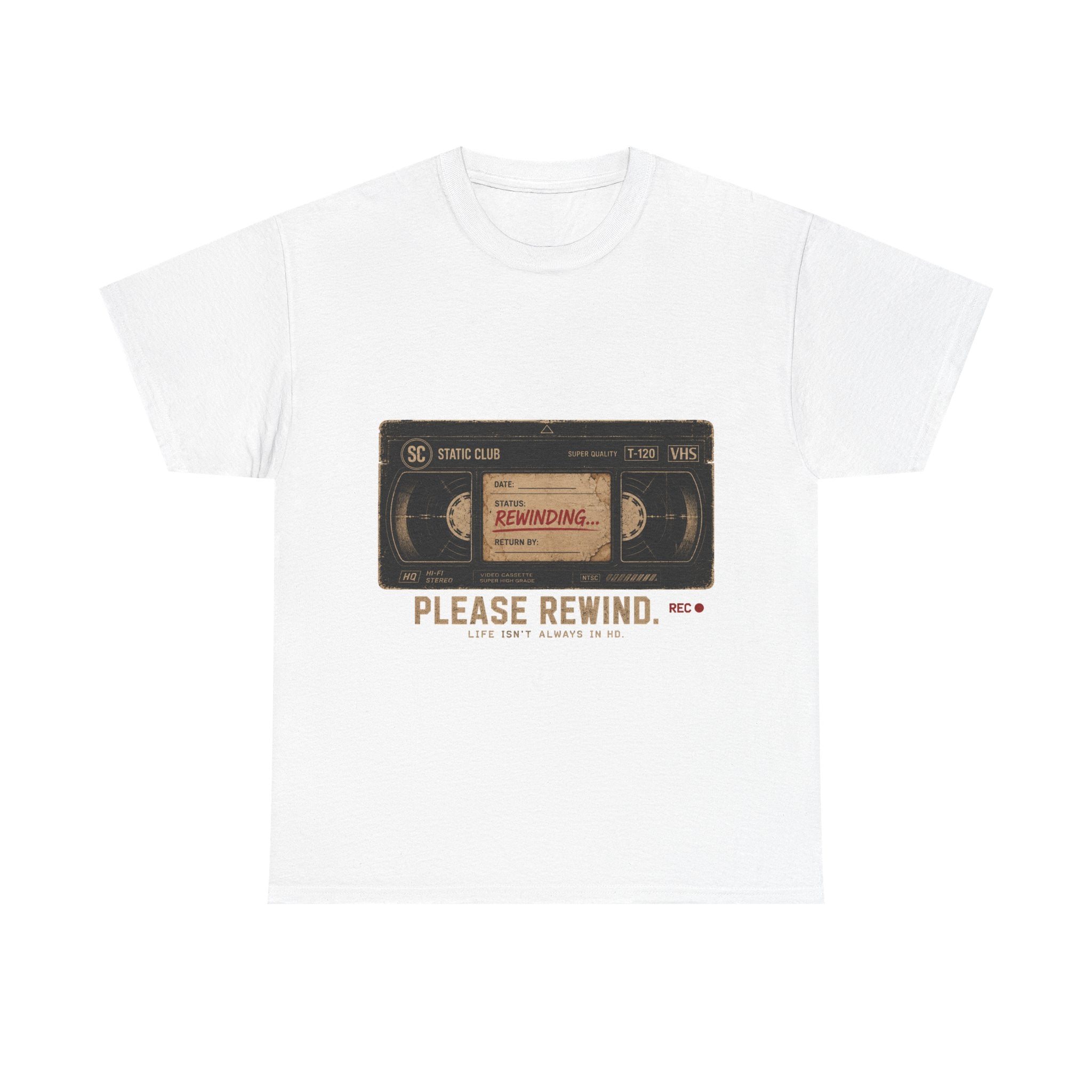 Static Club "Please Rewind" VHS T-Shirt | Retro Vintage Movie Graphic Tee