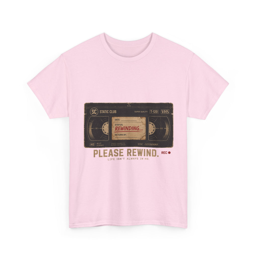 Static Club "Please Rewind" VHS T-Shirt | Retro Vintage Movie Graphic Tee