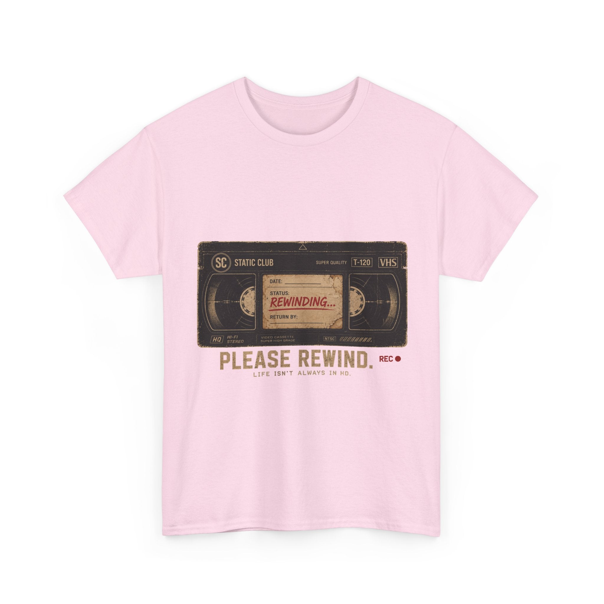 Static Club "Please Rewind" VHS T-Shirt | Retro Vintage Movie Graphic Tee