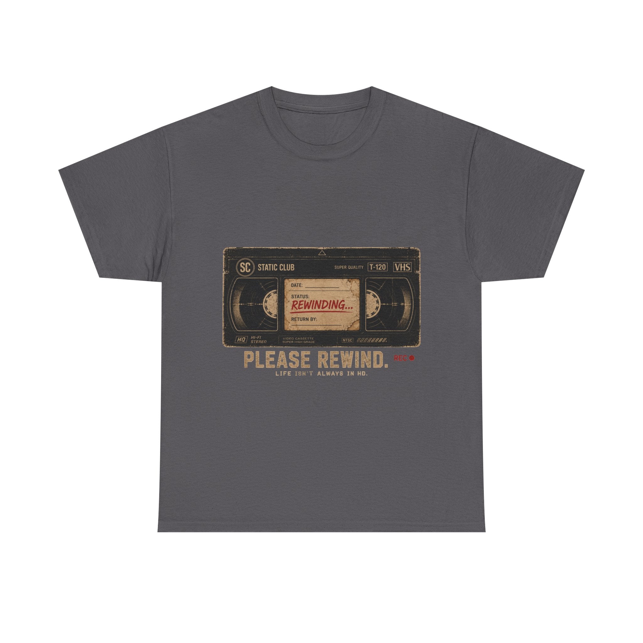 Static Club "Please Rewind" VHS T-Shirt | Retro Vintage Movie Graphic Tee