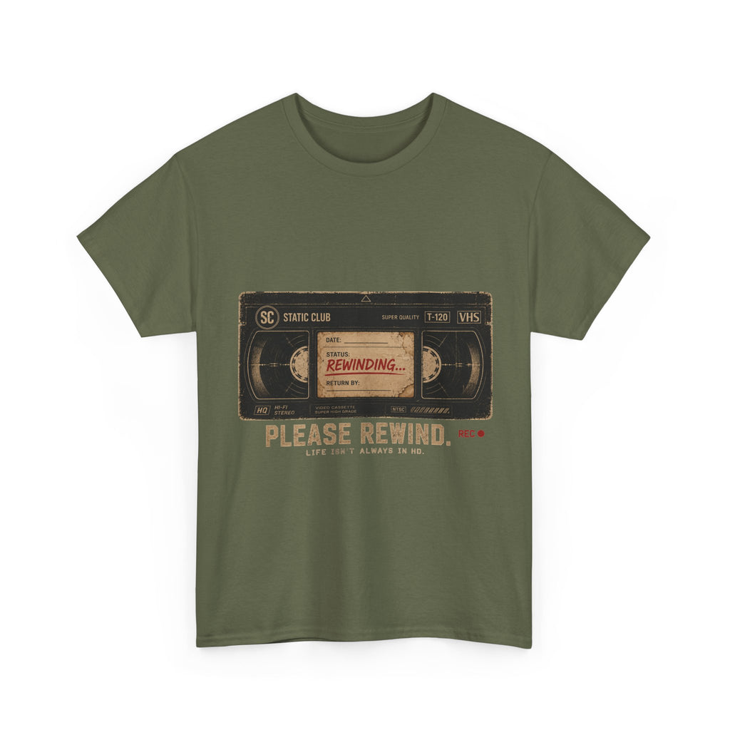 Static Club "Please Rewind" VHS T-Shirt | Retro Vintage Movie Graphic Tee