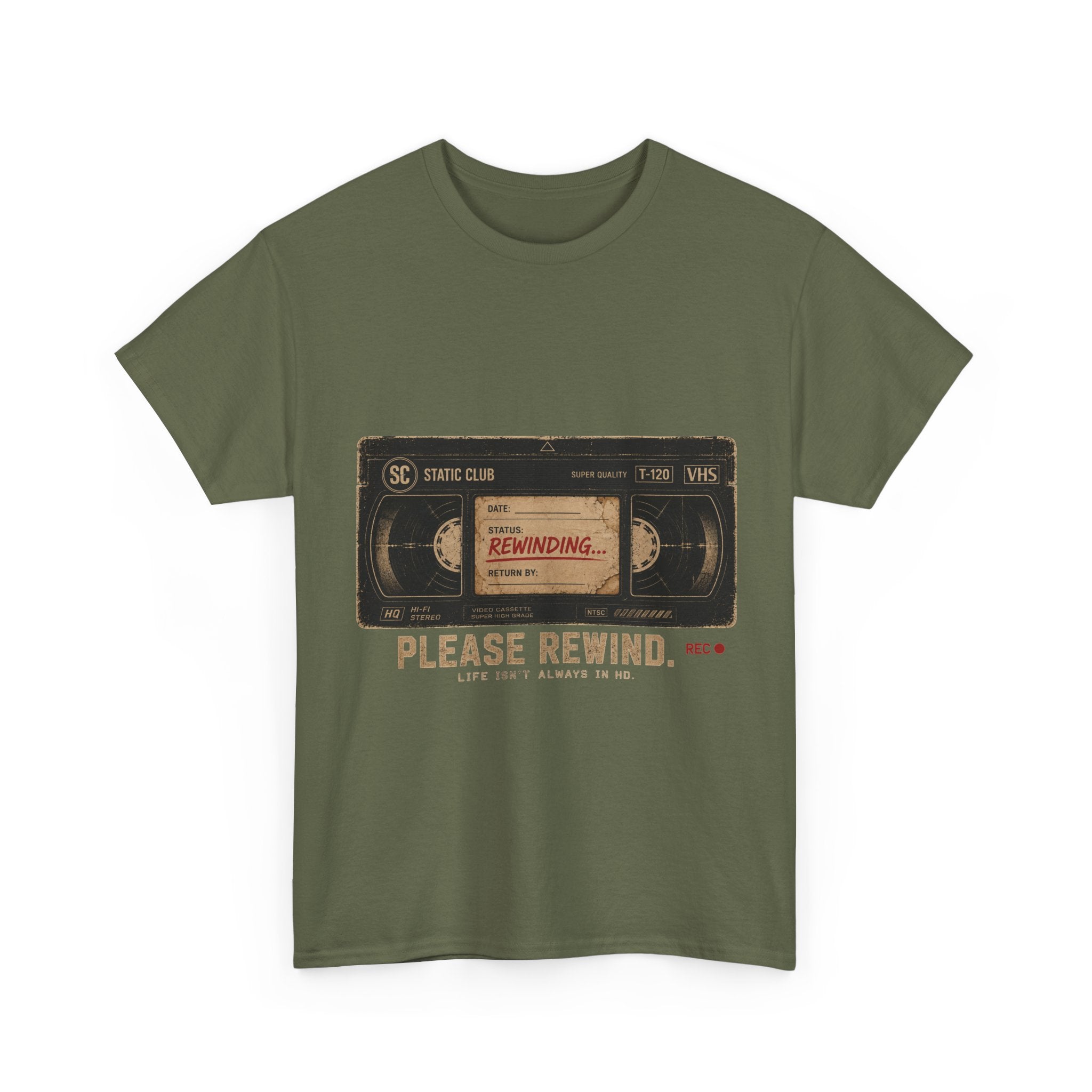 Static Club "Please Rewind" VHS T-Shirt | Retro Vintage Movie Graphic Tee