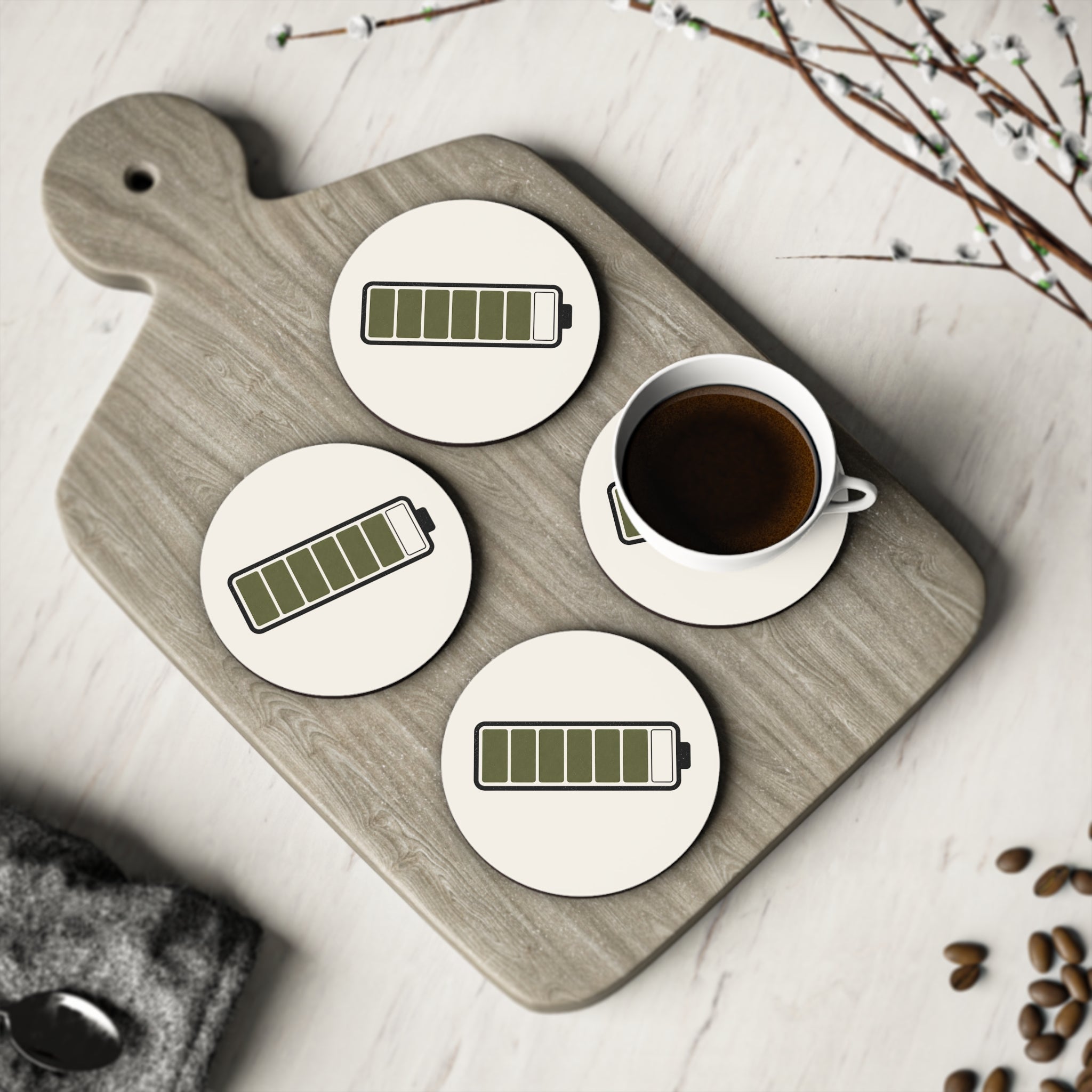 Battery Charge Cork Coasters | Minimalist Drink Coasters | Recharge Collection | STATIC CLUB